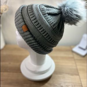 Ruched Knit Beanie With Faux Fur Pom